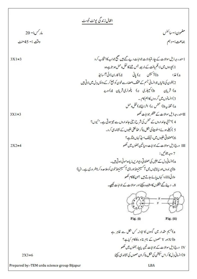 LBA Class 10 Science Test Papers With Key Answers in Urdu