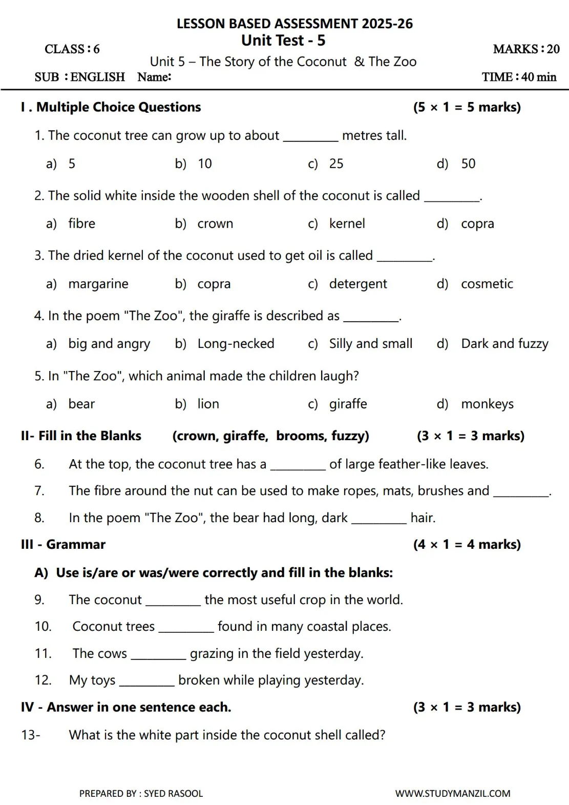 LBA Class 6 English (Third Language) Test Papers With Key Answers