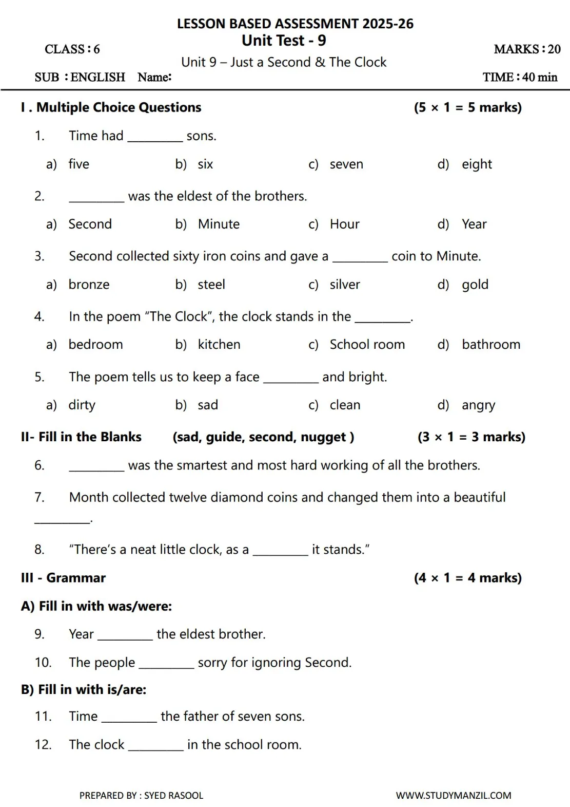 LBA Class 6 English (Third Language) Test Papers With Key Answers