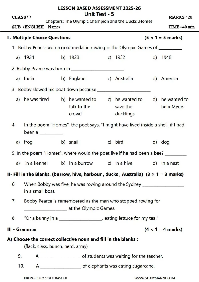 LBA Class 7 English (Third Language) Test Papers With Key Answers