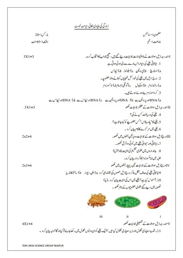 LBA Class 9 Science Test Papers With Key Answers in Urdu